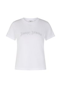Witte katoenen t-shirt met korte mouwen en een ronde hals, met "Joop! Jeans" in zilveren rhinestones over de borst.