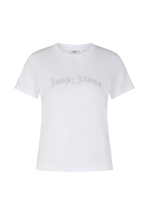 Weißes Baumwoll-T-Shirt mit kurzen Ärmeln und Rundhalsausschnitt, mit "Joop! Jeans" in silbernen Strasssteinen auf der Brust.