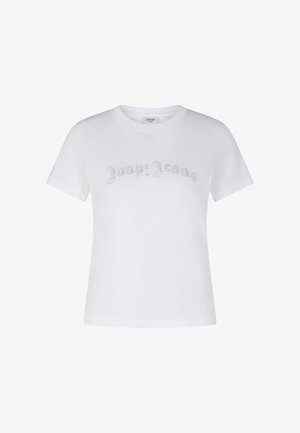Weißes Baumwoll-T-Shirt mit kurzen Ärmeln und Rundhalsausschnitt, mit "Joop! Jeans" in silbernen Strasssteinen auf der Brust.