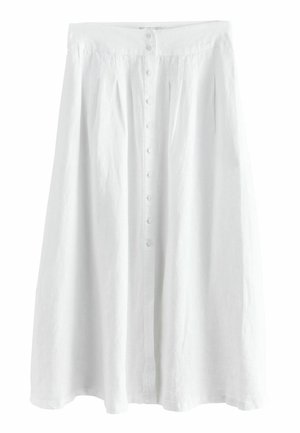 Biela midi sukňa s predným zapínaním na gombíky a A-líniovou siluetou vyrobená z ľahkej látky.