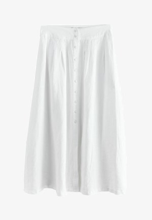 Biela midi sukňa s predným zapínaním na gombíky a A-líniovou siluetou vyrobená z ľahkej látky.