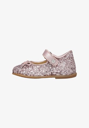 Rosa glittrande ballerinaskor med en texturerad yta, rund tå och spänne. Platt gummisula för komfort.