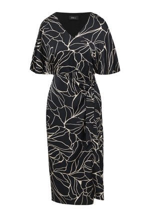Robe noire avec un décolleté en V, des manches courtes et un design enveloppant. Présente un motif floral crème et un détail de taille nouée pour un style supplémentaire.