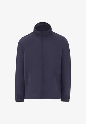 Granatowa kurtka wykonana z lekkiego materiału, z kołnierzem stojącym, zamkiem błyskawicznym z przodu oraz bocznymi kieszeniami i elastycznymi mankietami.