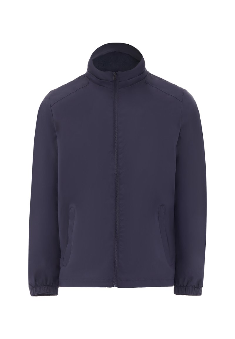 Giacca blu navy realizzata in tessuto leggero, con collarino rialzato, zip frontale e tasche laterali con polsini elasticizzati.