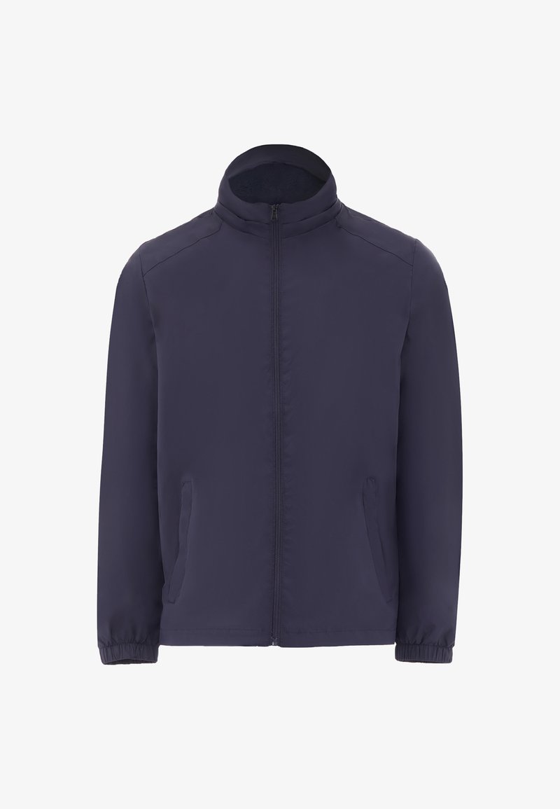 Tamsiai mėlyna striukė, pagaminta iš lengvos medžiagos, su pakeltu apykaklės dizainu, priekiniais užtrauktukais ir šoninėmis kišenėmis su elastiniais rankogaliais.