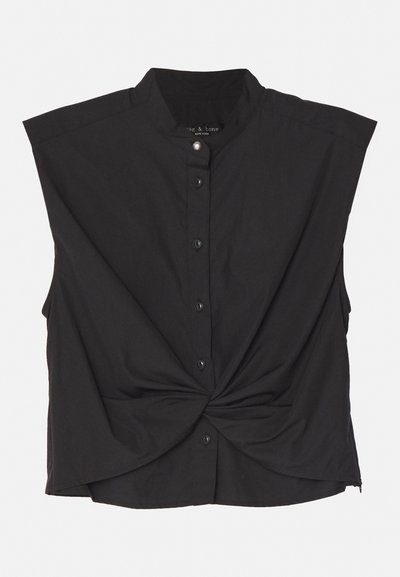 Top nero con bottoni, colletto eretto, maniche corte, design frontale attorcigliato e tessuto liscio e leggero.