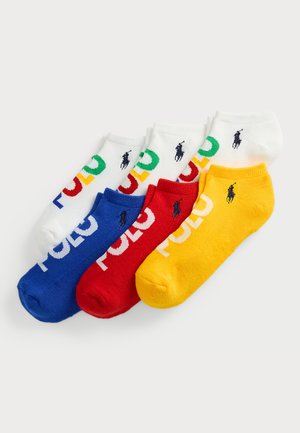 Set of four crew socks in white, blue, red, and yellow. Features colorful "POLO" lettering and small logo on each sock. Cotton blend.