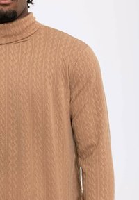 Pull à col roulé en maille torsadée beige, avec un motif texturé et une coupe décontractée, fabriqué en matériau en tricot doux.