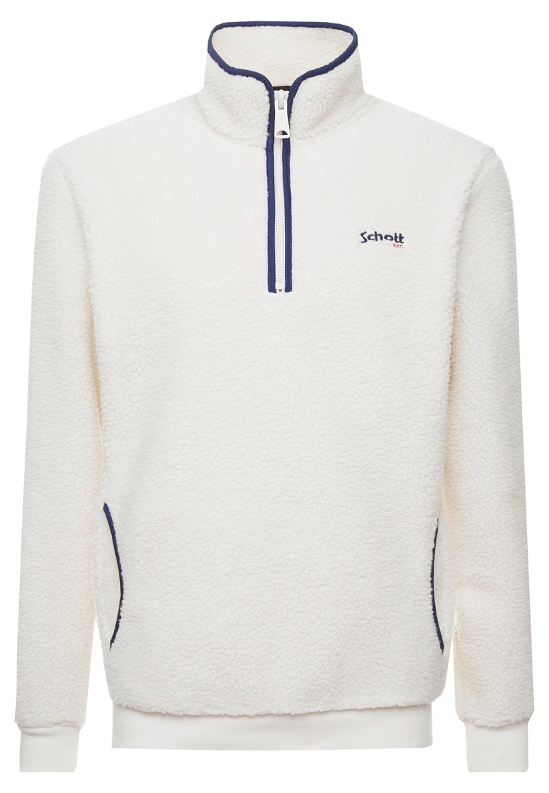 Witte fleece pullover met een halve rits kraag, marineblauwe afwerking en zijzakken. Geweven stof met een zachte, pluche uitstraling. Merklogo op de borst.