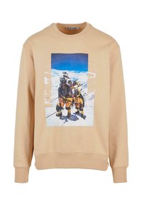 Beige sweatshirt med ribbestrikket halslinning og ermer, med et frontgrafisk trykk av klatrere i snødekt terreng mot en blå himmel.
