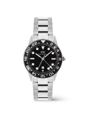 Silver metal bracelet watch with black dial, white hour markers, date display, and 24-hour rotating bezel, Daniel Wellington brand.