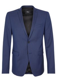 Marineblauer Blazer aus strukturiertem Stoff, mit einem einzelnen Knopfverschluss, Reverskragen und einer linken Brusttasche.
