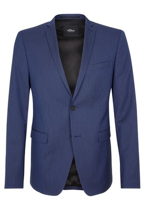 Marineblauer Blazer aus strukturiertem Stoff, mit einem einzelnen Knopfverschluss, Reverskragen und einer linken Brusttasche.