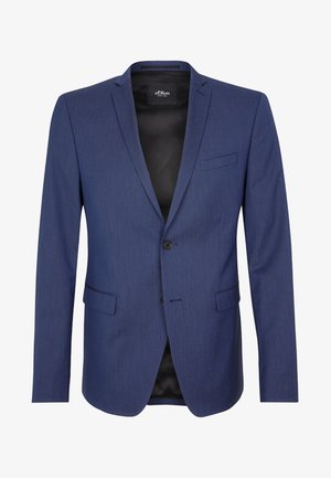 Blazer azul marino hecho de tejido texturizado, con cierre de un solo botón, solapas con muesca y un bolsillo en el pecho izquierdo.