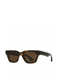 Occhiali da sole tortoiseshell marroni con montatura geometrica. Lenti ampie e stanghette spesse presentano una finitura opaca. Design minimalista senza ulteriori decorazioni.