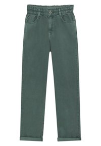 Pantalon vert à taille élastique avec une coupe droite. Comprend des poches avant et des revers roulés. Confectionné en tissu doux en coton.