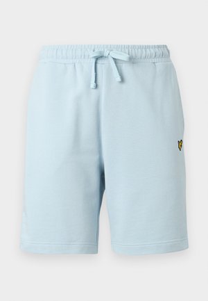 Ανοιχτό μπλε casual σορτς με ελαστική μέση και κορδόνι, με μικρό κίτρινο και μαύρο κεντημένο λογότυπο στη δεξιά πλευρά.