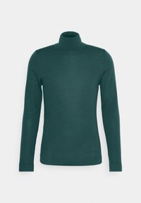 Türkiser Rollkragenpullover mit langen Ärmeln, gefertigt aus einem weichen, strukturierten Strickstoff. Schlanke Passform und minimalistisches Design ohne Muster oder Akzente.