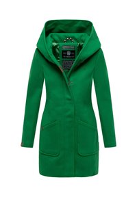 Green fleece coat with a hood, two front pockets, and a zip closure. Features a subtle logo and contrasting inner lining.