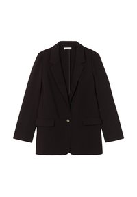 Black blazer made of textured fabric, featuring a lapel collar, two front pockets, and a single button closure. Tailored fit with long sleeves.