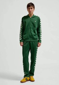 Green tracksuit made of smooth fabric, featuring a zip-up hoodie and matching pants. Cuffed sleeves and legs with white chevron accents.