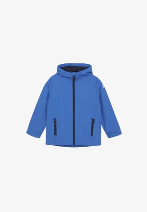 Blauwe waterdichte jack met een capuchon, ritssluiting aan de voorkant en twee zijzakken met ritssluitingen. Glad textuur en casual ontwerp.