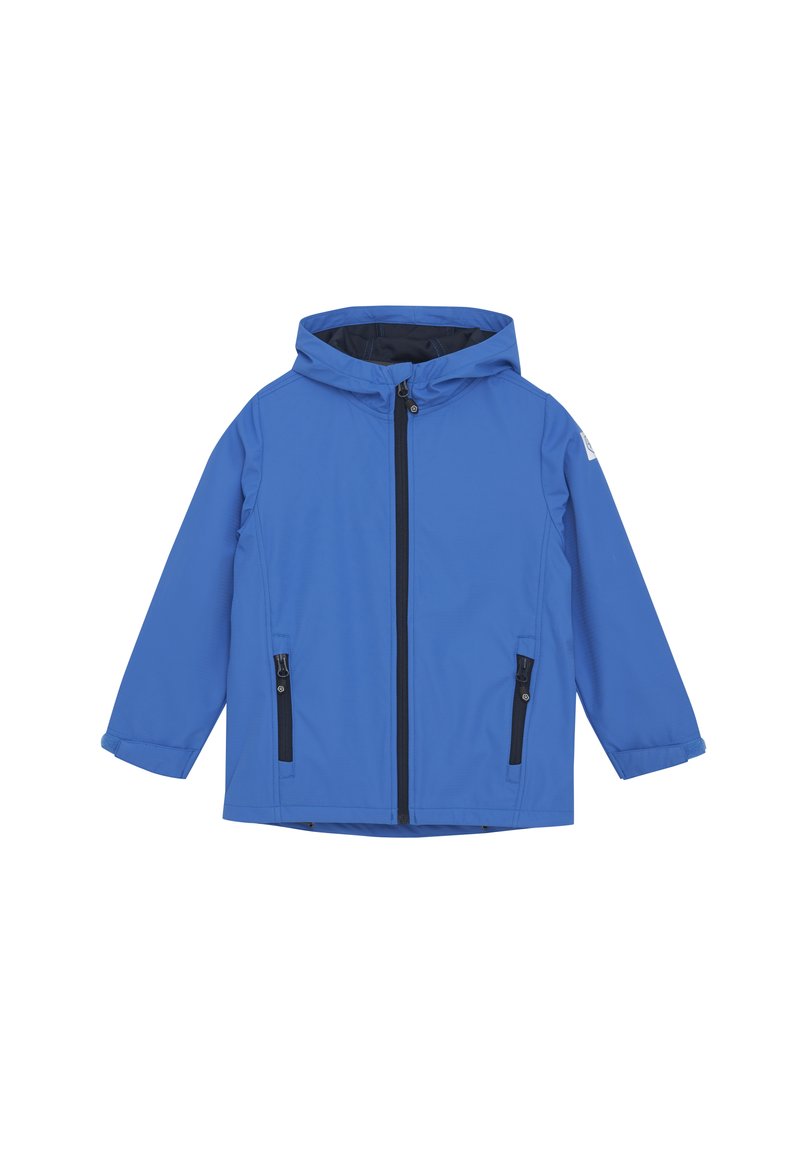 Blå vattentät jacka med huva, framdragkedja och två sidofickor med dragkedjor. Slät textur och avslappnad design.