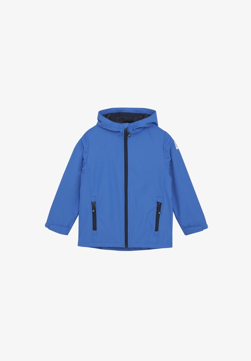 Blå vattentät jacka med huva, framdragkedja och två sidofickor med dragkedjor. Slät textur och avslappnad design.