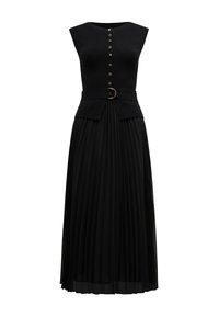 Mustmustükk, millel on keha haardeosa, kuldne nuppude detail, vöödiga talje ja volditud, voolav seelik. Valmistatud pehmest kangast, millel on sile tekstuur.