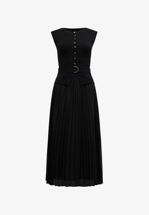 Vestido negro con un corsé ajustado, detalle de botones dorados, una cintura ceñida con cinturón y una falda plisada y fluida. Hecho de una tela suave con una textura lisa.