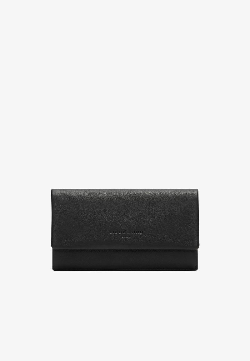Schwarzes Lederportemonnaie mit strukturierter Oberfläche, rechteckiger Form und Klappverschluss. Auf der Vorderseite befindet sich ein eingeprägtes Logo.
