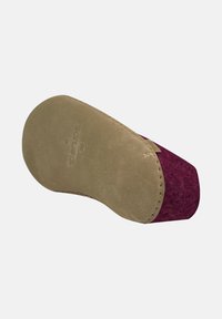 Purple felt slipper with a beige suede sole. The sole features a textured finish and stitched detailing along the edge.