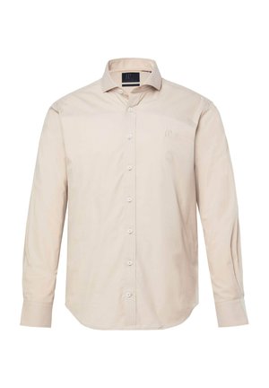 Beige lange mouwen blouse met knopen, kraag en een subtiel "JP"-logo op de linkerborst.
