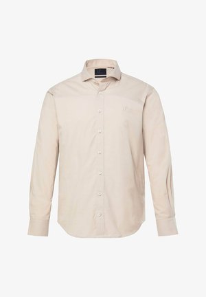 Beige langärmliges Hemd mit Knöpfen und Kragen, durchgehend mit Knöpfen, mit dezentem "JP"-Logo auf der linken Brustseite.