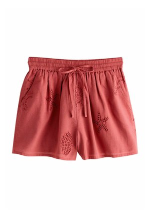 Raudoni lino šortai su elastinga juosmens juosta ir raišteliu. Yra lazeriu išpjauti žvaigždžių žuvų ir kriauklių raštai, kurie suteikia papildomo tekstūros ir detalumo.