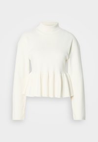 Maglietta bianca a maniche lunghe con collo alto e orlo peplum. Tessuto morbido e testurizzato con corpetto aderente e parte inferiore svasata.