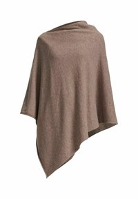 Ruskea poncho, joka on valmistettu pehmeästä, tekstuurista kankaasta. Siinä on virtaava muotoilu, epäsymmetrinen helma ja pyöreä kaula-aukko.