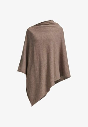 Pruun poncho, mis on valmistatud pehmest ja tekstuurilisest kangast. Omab voolavat disaini, millel on asümmeetriline äär ja ümar kaelus.