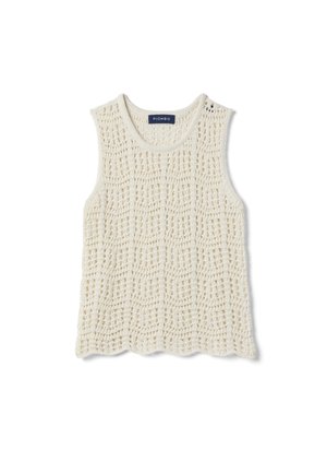 Haut sans manches en maille crochet crème avec ourlet festonné et encolure ronde, présentant un motif ajouré détaillé.