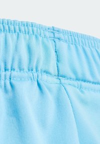 Pantalones cortos azul claro con cintura elástica, que cuentan con una tela texturizada y suaves frunces en la cintura para mayor elasticidad y comodidad.