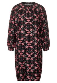 Czarna sukienka w kwiatowy wzór z różowymi i zielonymi kwiatami. Długie rękawy z elastycznymi mankietami, okrągły dekolt i luźny krój.