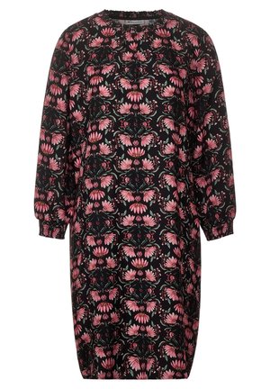 Robe noire avec un motif floral featuring des fleurs roses et vertes. Manches longues avec des poignets élastiques, encolure ronde et coupe ample.