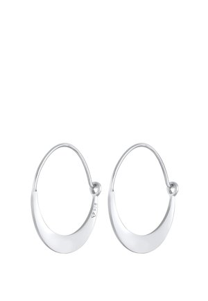 Paar polierte silberne Creolen in Tropfenform mit Scharnierverschlüssen, mit "925" für Sterlingsilber gekennzeichnet.