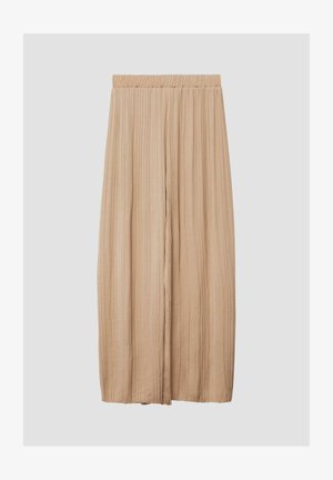 Kevye beige-väriset, pliseeratut ja leveälahkeiset housut, joissa on joustava vyötärönauha. Valmistettu pehmeästä kankaasta, jolla on sileä pinta.