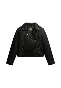 Zwart faux leren motorjack met een ingesneden kraag, asymmetrische ritssluiting en meerdere ritszakken; aansluitend ontwerp en een soepele textuur.