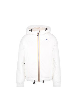 Biała kurtka puchowa z kapturem, zamek błyskawiczny z przodu i elastycznymi mankietami. Posiada kontrastowe paski wzdłuż zamka oraz regulacje sznurkiem.