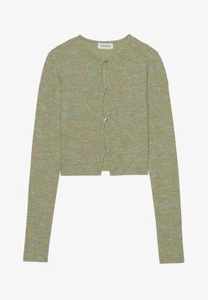 Cardigan verde a coste con design corto, caratterizzato da maniche lunghe e cinque bottoni verdi sul davanti, in tessuto testurizzato.