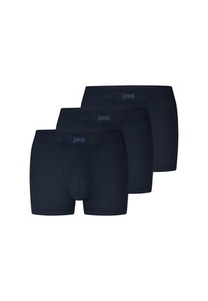 Drei Paar schwarze Herren-Boxershorts, in einer versetzten Reihe angeordnet, Vorderseite mit elastischen Taillenbändern.