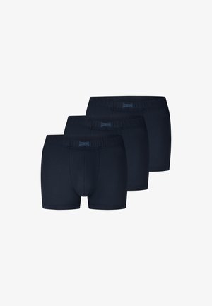 Tre par sorte herre boxer shorts, arrangeret i en trappet række, der viser fronten med elastiske linninger.